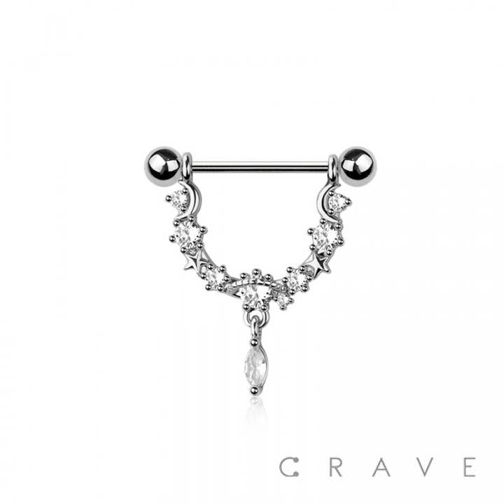 CRAVE BODY JEWELRY - Wholesale Face/Body Chain - 316L SURGICAL STEEL STAR BRANCH OVAL CZ DANGLE NIPPLE RING