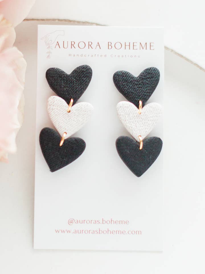 B&W Linen Textured Stacked Hearts for wholesale by Aurora Boheme