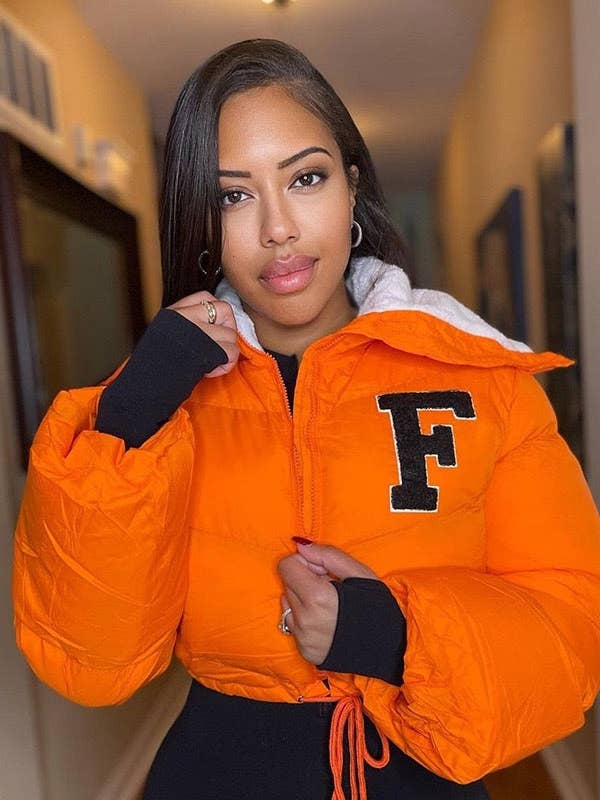 MB FASHION Letter Patch Cropped Puffer Jacket with Fleece Collar 392 for wholesale by MB Fashion Wholesale