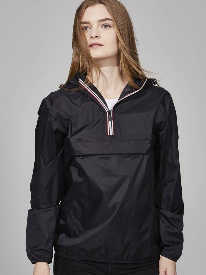 Black Quarter Zip Packable Rain Jacket and windbreaker for wholesale by O8 Lifestyle