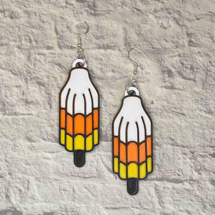 Candy Corn Popsicle Statement Earrings 3D Printed for wholesale by Cryptid Craft Studio