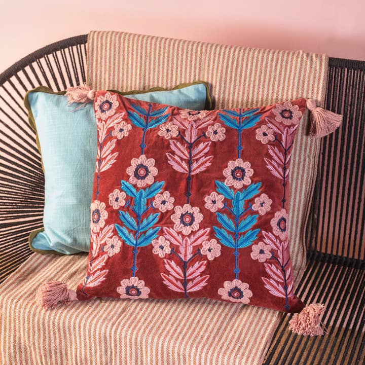 Ian Snow Ltd – wholesale Chair cushion – Burgundy Velvet Flower Embroidered Cushion Cover3