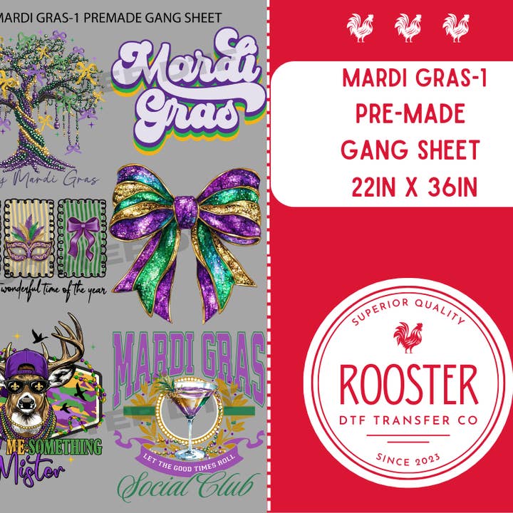 DTF TRANSFER ONLY - MARDI GRAS -1 PRE-MADE GANG SHEET (22x36in) for wholesale by Rooster DTF Transfer Co