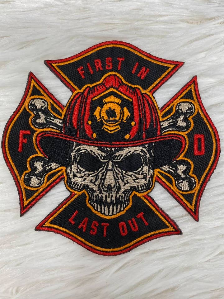 "First In, Last Out Fire," (RED) Iron-on Patch, Size 4" for wholesale by Patch Party Club
