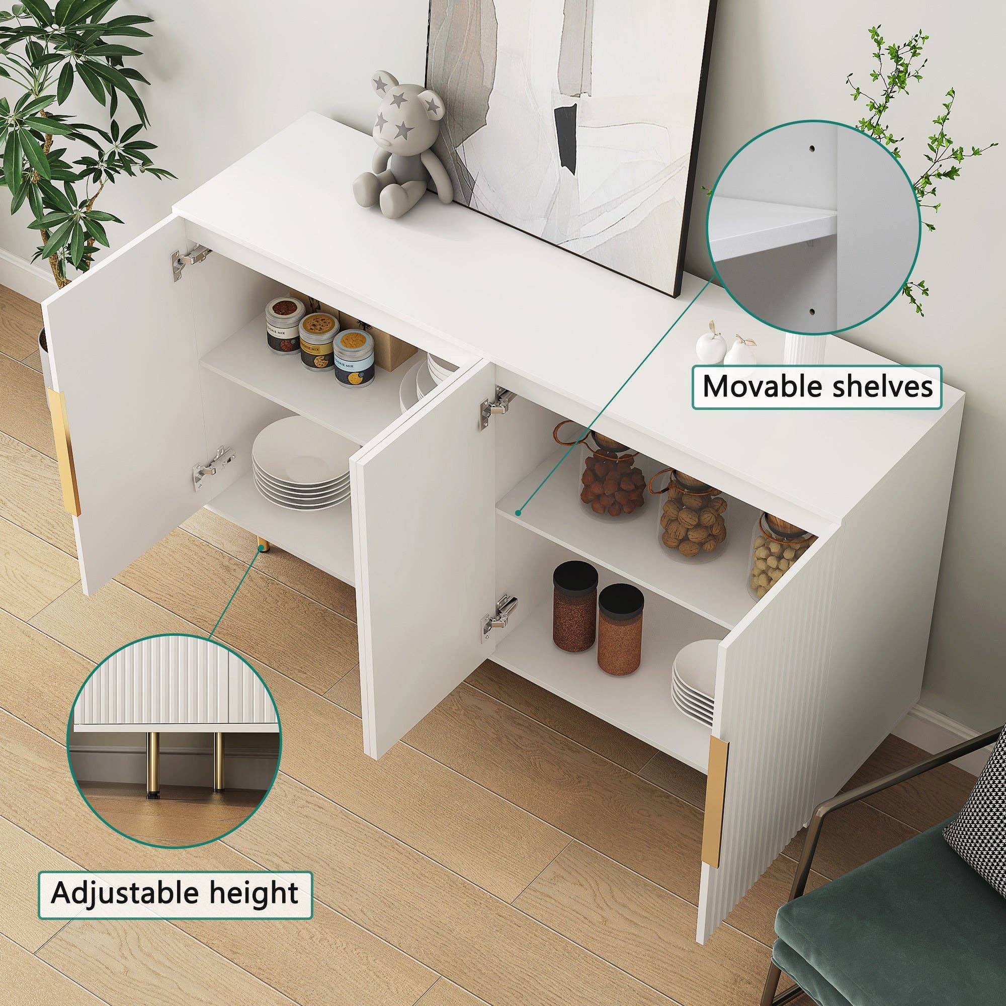 HOMYCASA DESIGN INC - Vente Armoire - Buffet Moderne Blanc Armoire à Cannelures Grand Rangement5