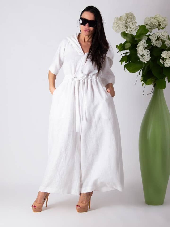 White Linen Hooded Jumpsuit REGINA for wholesale by EUG fashion