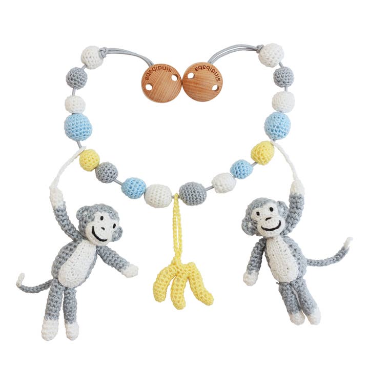 Crochet pram chain monkey CHARLIE in grey for wholesale by SindiBaba
