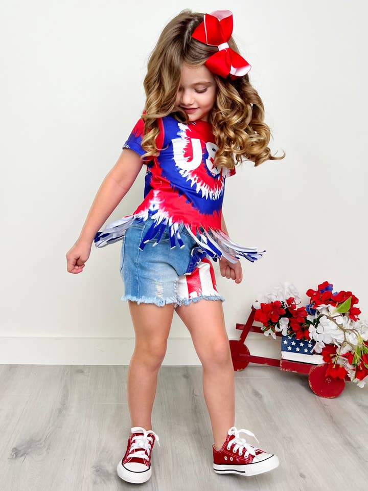 Blue USA Fringe Top and American Flag Denim Short Set for wholesale on Faire