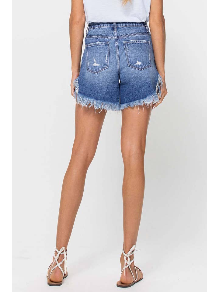 HARMONIOUS HIGH RISE SIDE SLIT FRAYED HEM SHORTS V2769 for wholesale on Faire