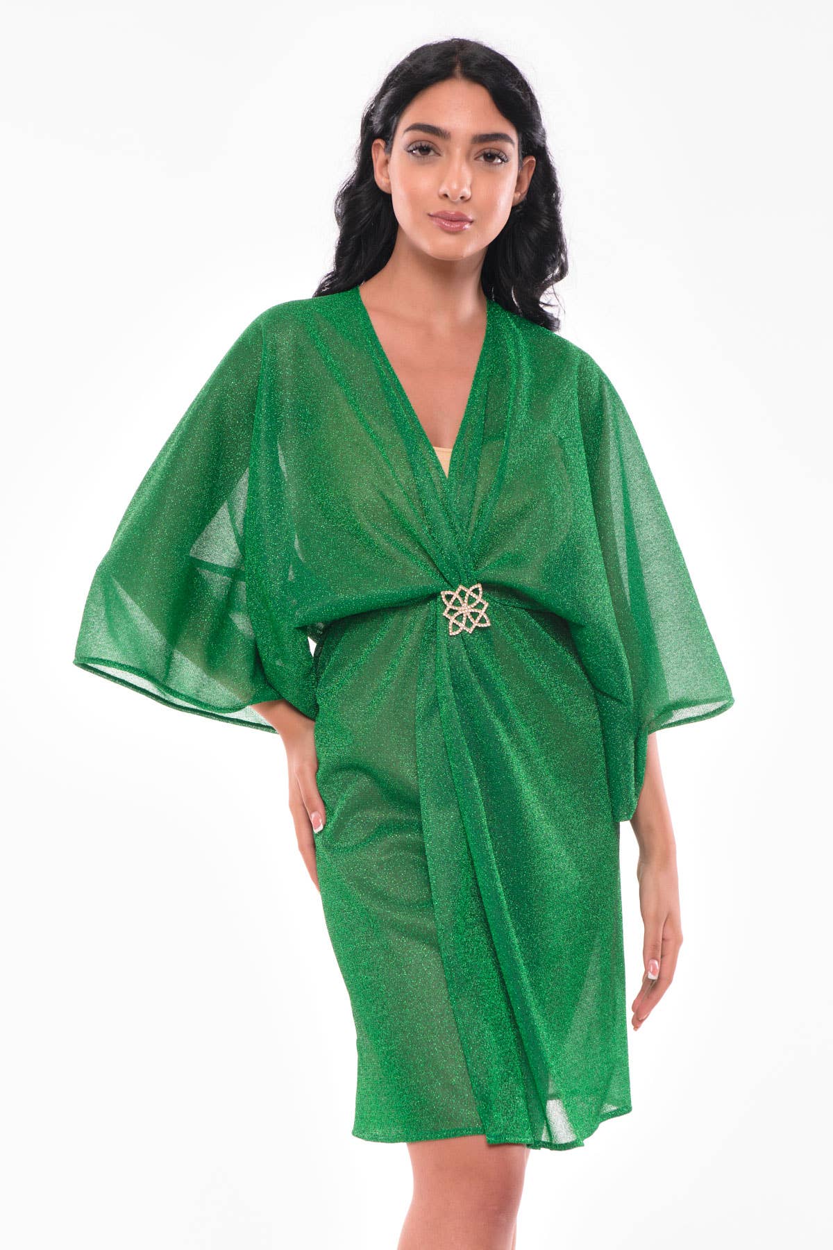 VIVARAH - Wholesale Kaftan - Women's - Green Glitter Kaftan with Rhinestone Brooch