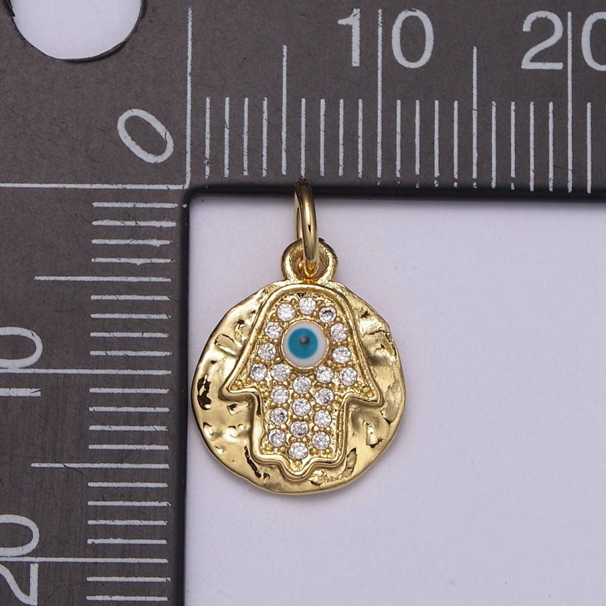 Aim Eternal – wholesale Individual charm/pendant – 24K Gold Filled Dainty Micro Paved CZ Hamsa Hand of Fatima Rustic Coin Charm N-2381