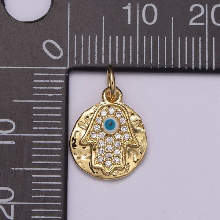 Aim Eternal - Wholesale Individual Charm/Pendant - 24K Gold Filled Dainty Micro Paved CZ Hamsa Hand of Fatima Rustic Coin Charm N-2381