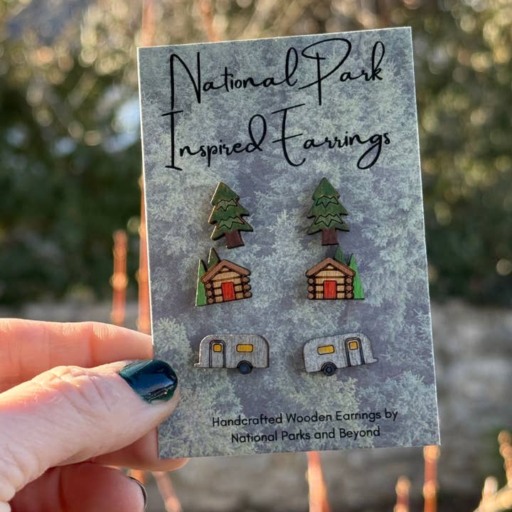 Forest Camping Handpainted Wooden Stud Earrings – Set of 3 for wholesale by National Parks and Beyond