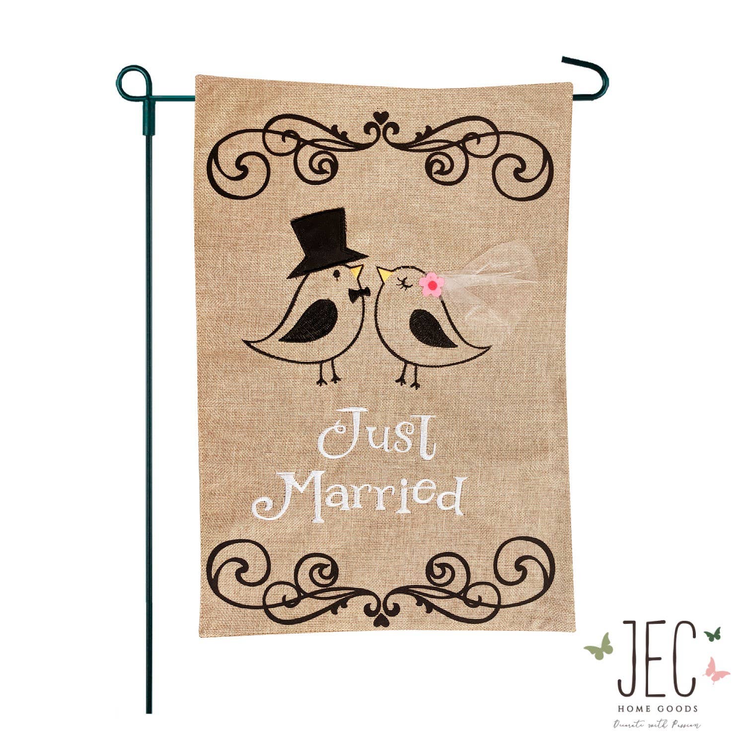 JEC Home Goods Inc - Vendita all'ingrosso Bandiere - Just Married Bird - Bandiera da giardino su 2 lati, 30,5 x 45,7 cm
