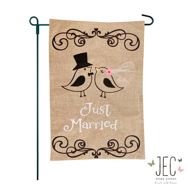 JEC Home Goods Inc - Wholesale Flag - Just Married Bird Burlap 2-Sided Garden Flag 12.5x18"