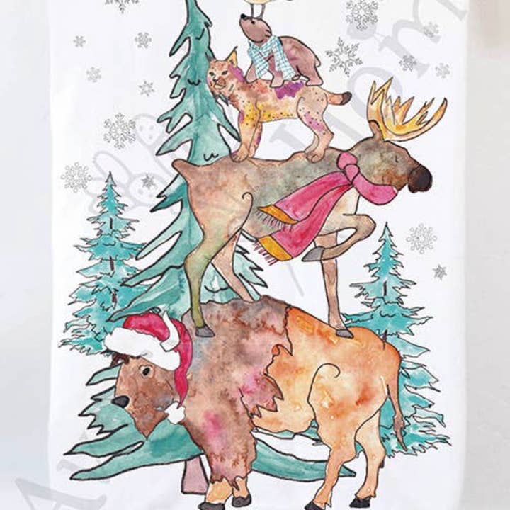 A Woodland Animals Christmas Tree Holiday Tea Towel for wholesale by Avery's Home