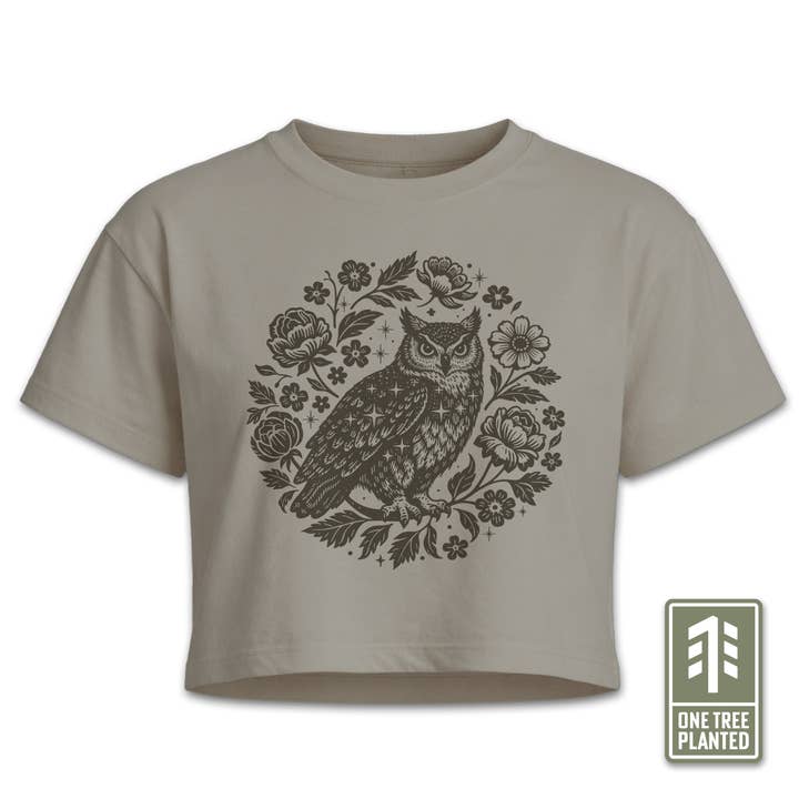 Vintage Owl & Wildflower Crop Top – Woodland Aesthetic Shirt for wholesale by Symmetree