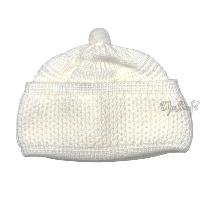 One-size White Thick-weave Stretchy Double Layer Warm Cotton-acrylic Beanie Hat with Pompom for wholesale by IndoMode