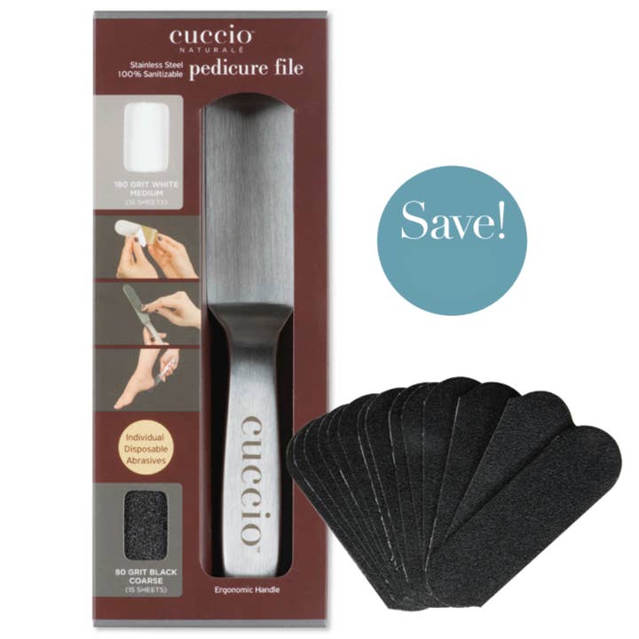 Purchase a Stainless Steel Pedicure File Kit contains handle, 15 of 80 grit & 15 of 180 grit and get 1 pack of 60 grit refill papers FREE! for wholesale by Cuccio