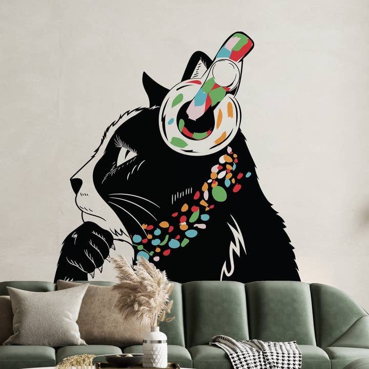 Cat Wall Art Sticker - Thinking Dj Kitten Head Headphones Vinyl Decal for wholesale by Decords