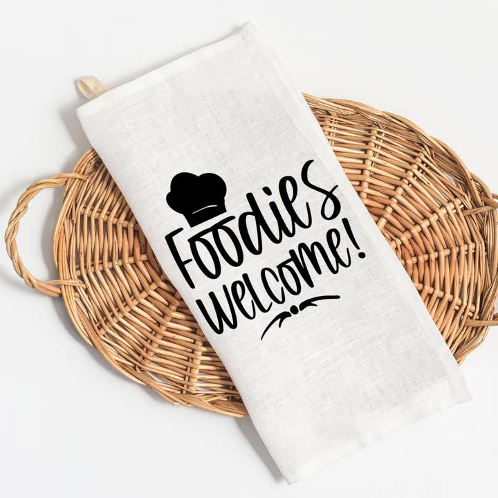 Foodies Welcome kitchen towel for wholesale by Kase Wear