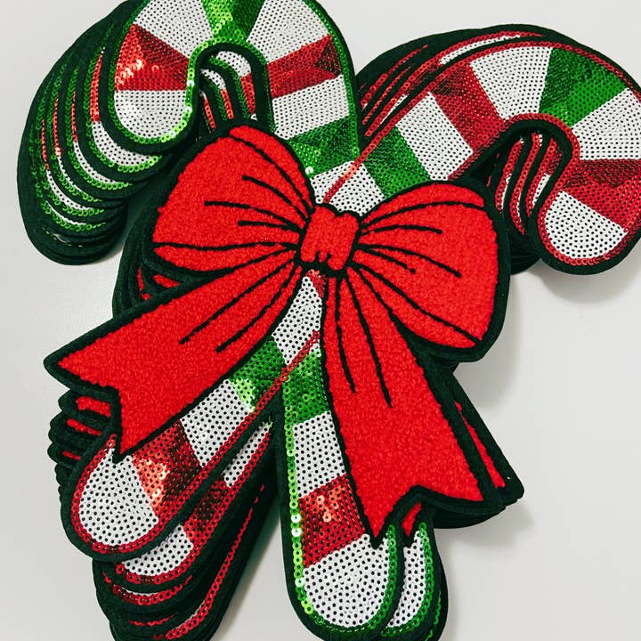 TEELUX - Wholesale Patch - Candy Canes with Chenille Bow 9.75 inch x 10.5 inch - Large SEQUIN Patch3