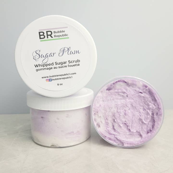 Fruity Vanilla fragranced "Sugar Plum" Whipped Sugar Scrub for wholesale by Bubble Republic