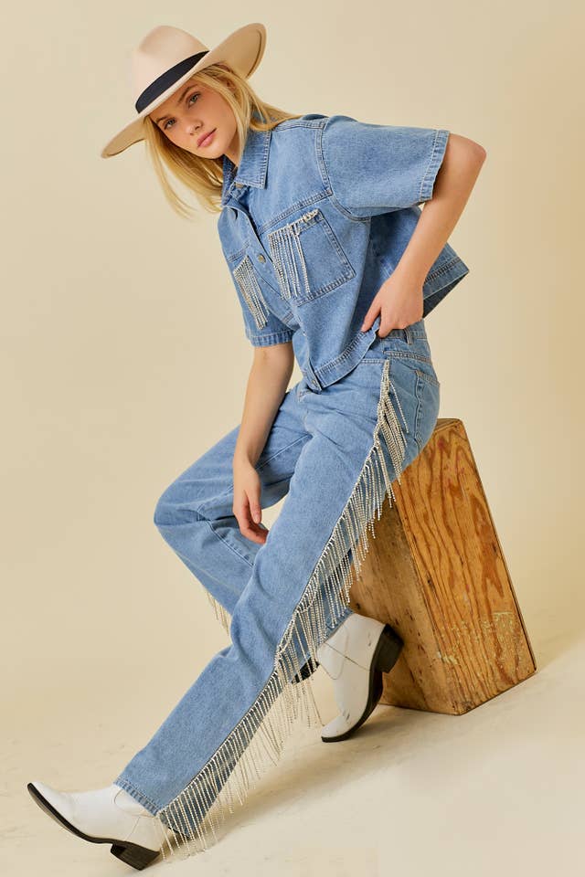 Side And Back Rhinestone Fringe Trim Denim Pants for wholesale on Faire14