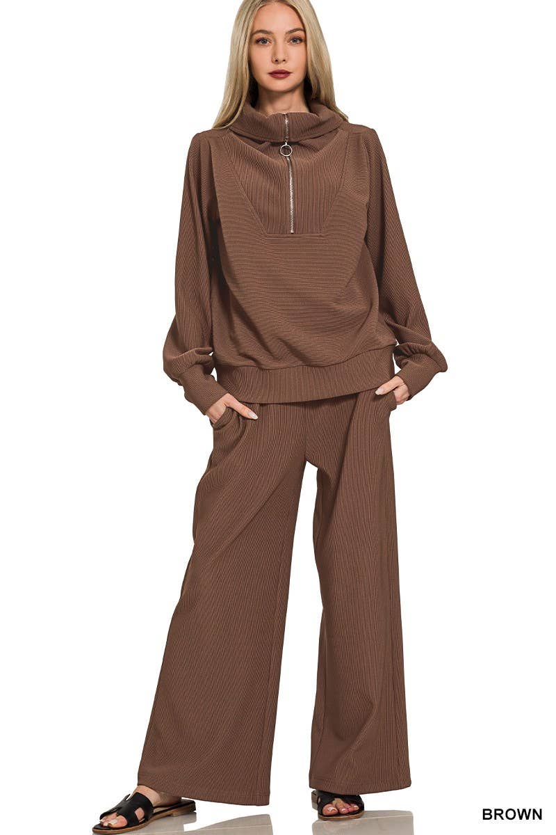 Vanilla Monkey - Wholesale Top & Pant Set (NOT Loungewear) - Women's - Ribbed High Neck Half Zip Pullover And Pants Set1