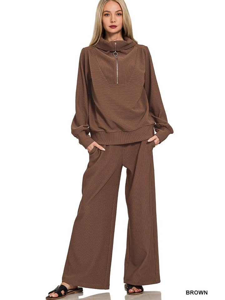 Vanilla Monkey - Wholesale Top & Pant Set (NOT Loungewear) - Women's - Ribbed High Neck Half Zip Pullover And Pants Set1