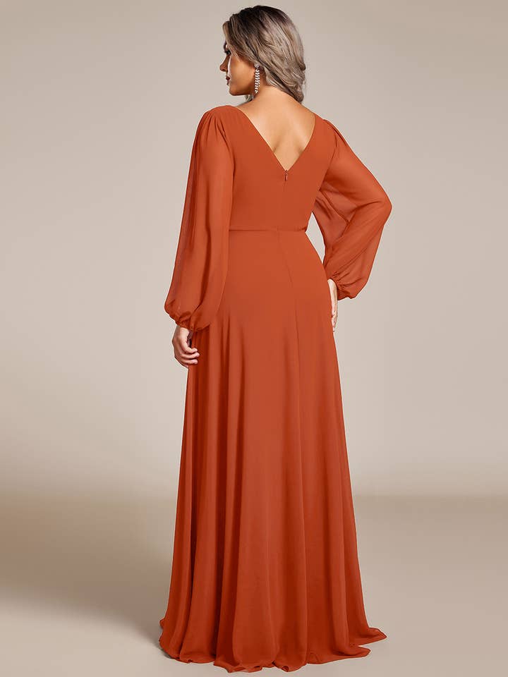 Ever-Pretty - Wholesale Gown - Women's - Elegant waisted chiffon V-neck Long Sleeve guest Dress58