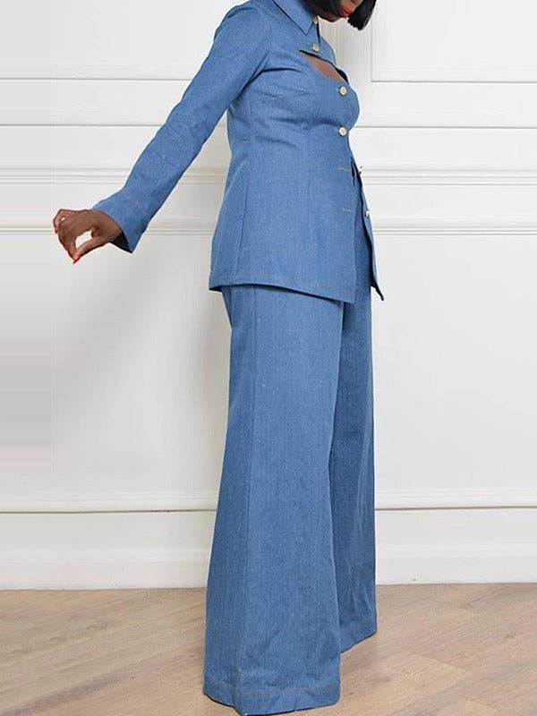 DENIM BLUE High-Waisted Jeans with Pockets and Lapel Blouse Sets for wholesale on Faire3