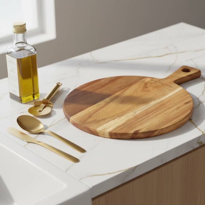 Acacia Wood Round Pizza Paddle Board / cutting board for wholesale by Suzanne Dianne Collection
