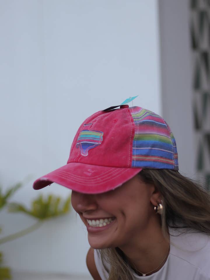 Embroidered Serape Texas on Bright Red Hat with Serape Fabric for wholesale by Clov Blanks