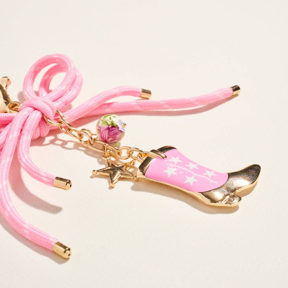 Gold Pink Western Rodeo Cowgirl Star Boot Keychain Bag Charm for wholesale on Faire1