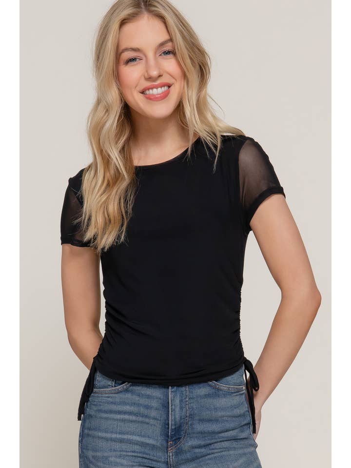 Active Basic | Active USA - Wholesale Knit Top - Women's - Short Sleeve Round Neck Side Ruched with Shirring Mesh Top