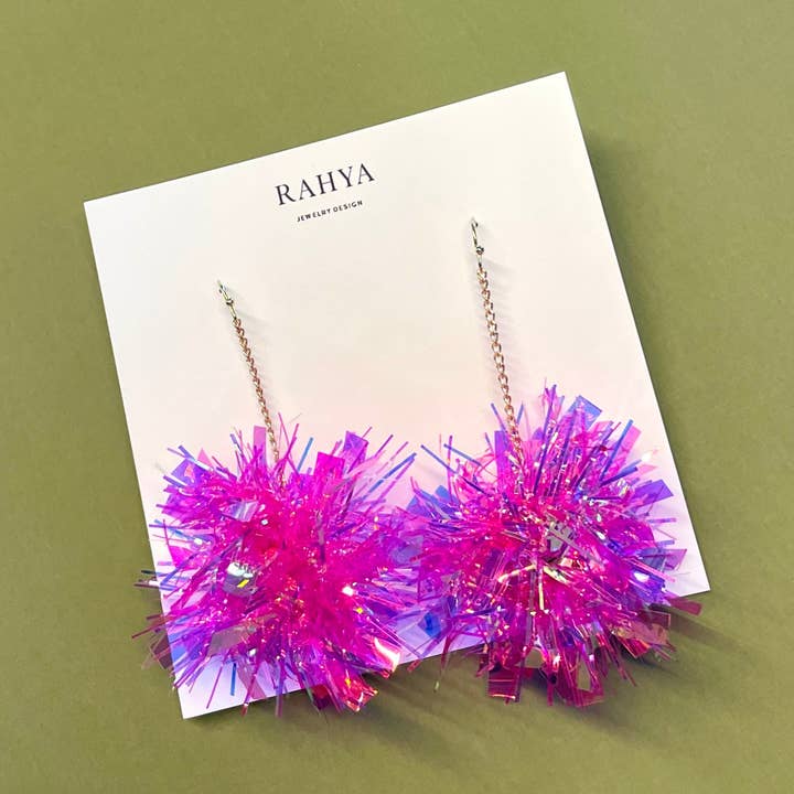 Mini Neon Hot Pink Pom Pom Earrings for wholesale by Rahya Jewelry Design