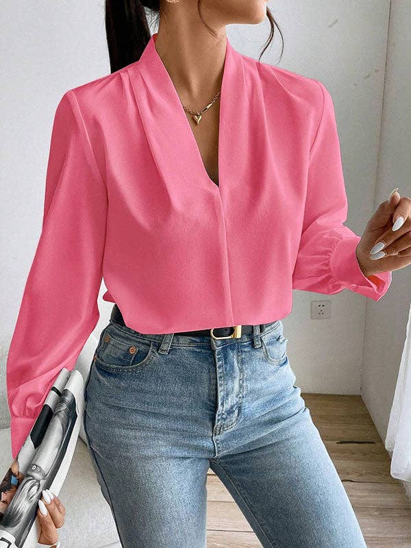 Sheer Trend - Vente Chemisier – femme - Blouses et chemises amples et plissées à manches longues, couleur unie, à joint fendu et col en V2