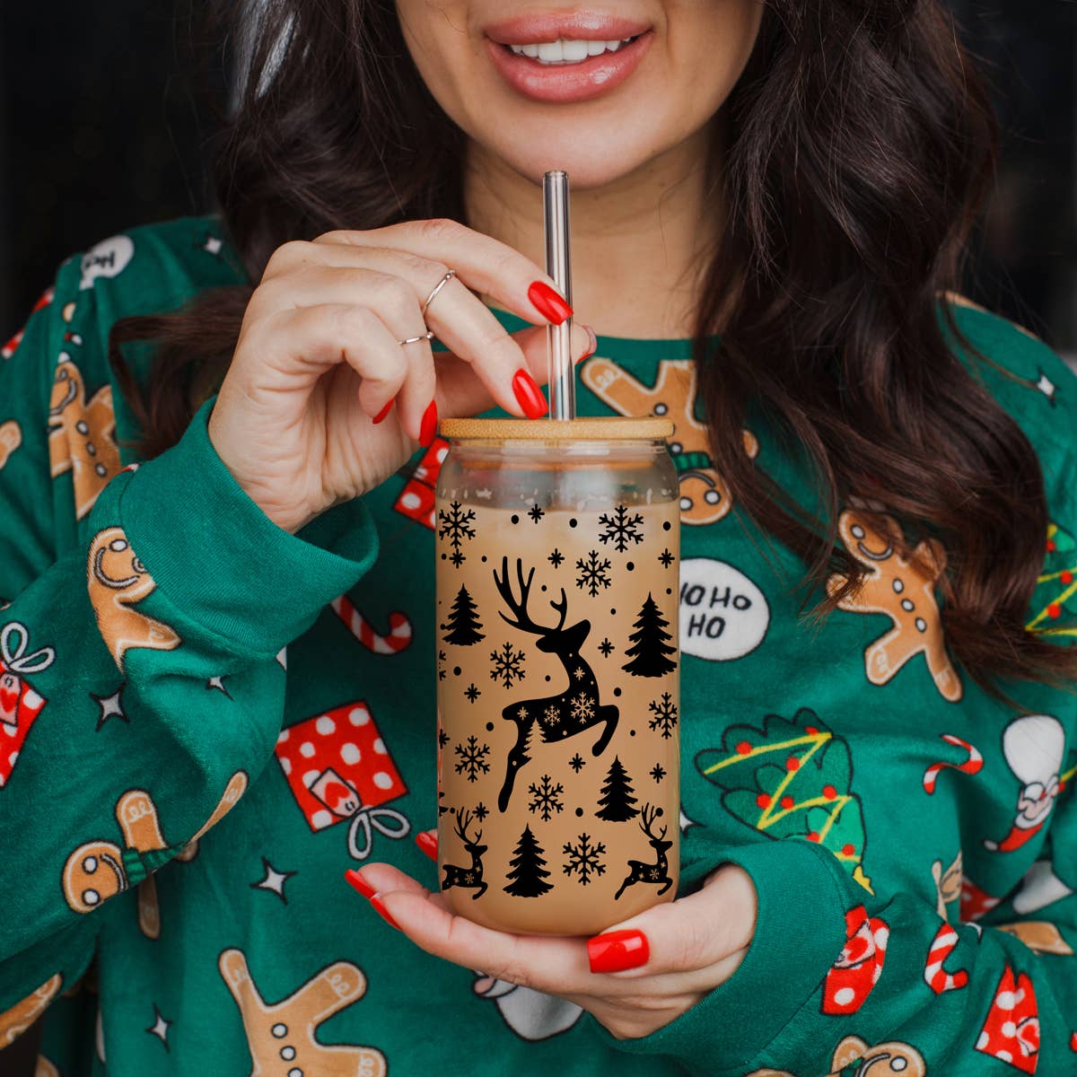 Gia Roma - Wholesale Drinking Glass/Cup - Candy Cane Christmas Can Glass. Cup With Glass Straw & Lid59