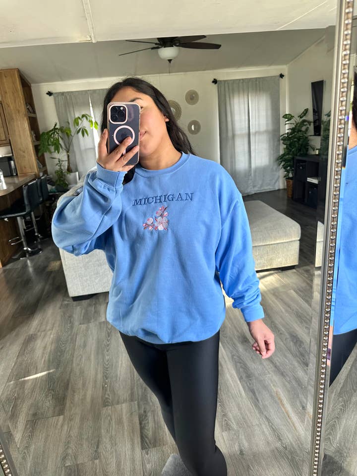 Michigan cherry blossom embroidered sweater for wholesale by Elizabeth’s Vision wholesale