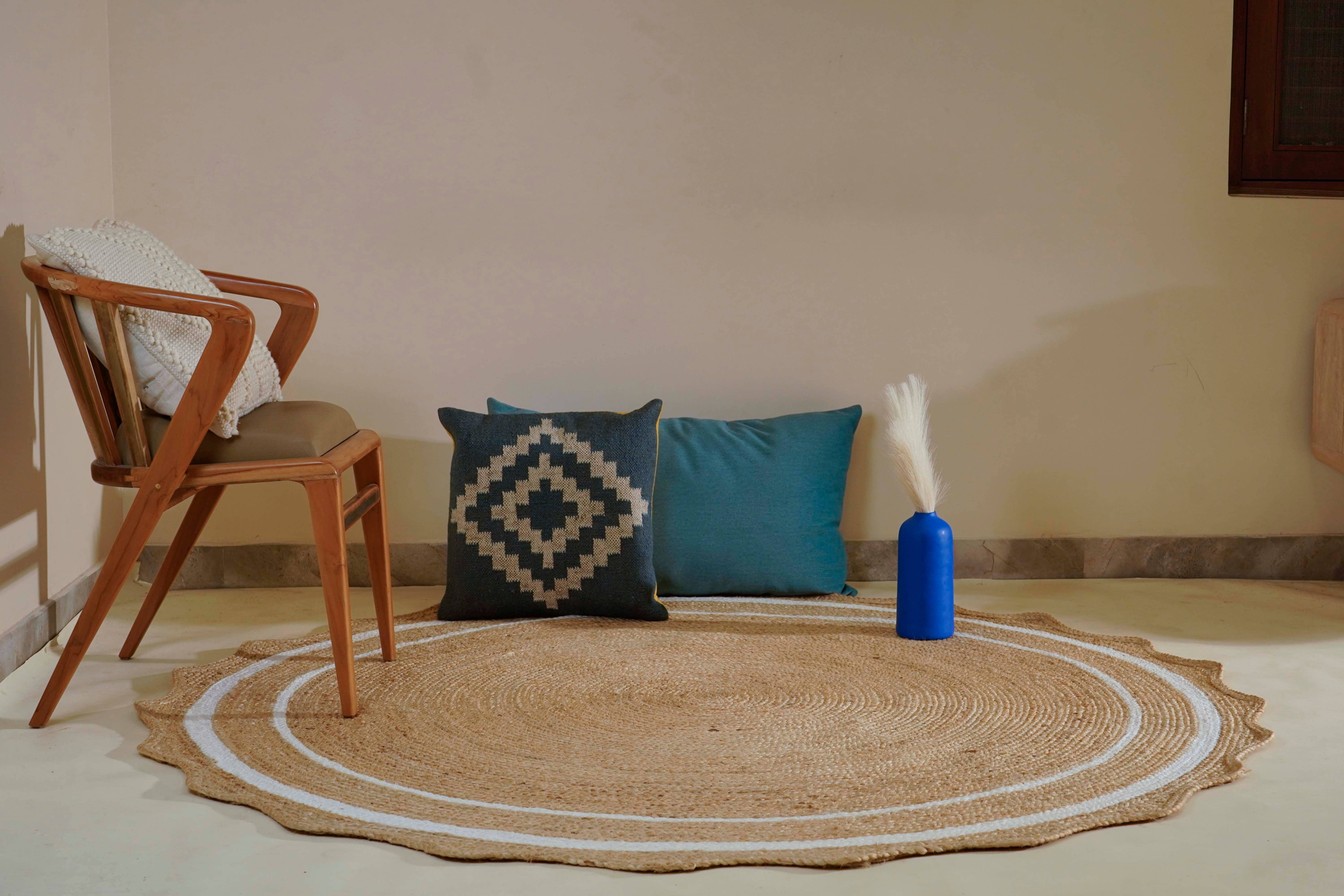 Chouhan Rugs - Wholesale Area Rug - Handmade Round Scalloped Jute Rug White Double Border Rug0