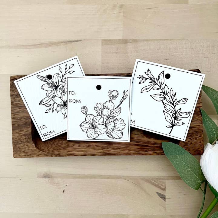 Floral Gift Tags, black and white graphic print bold floral for wholesale by 8 o'clock LINEN CO.