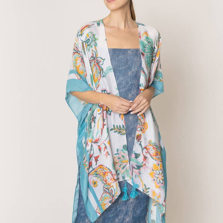 Summer Realistic Flower Print Kimono with Tassels for wholesale by Fashion City