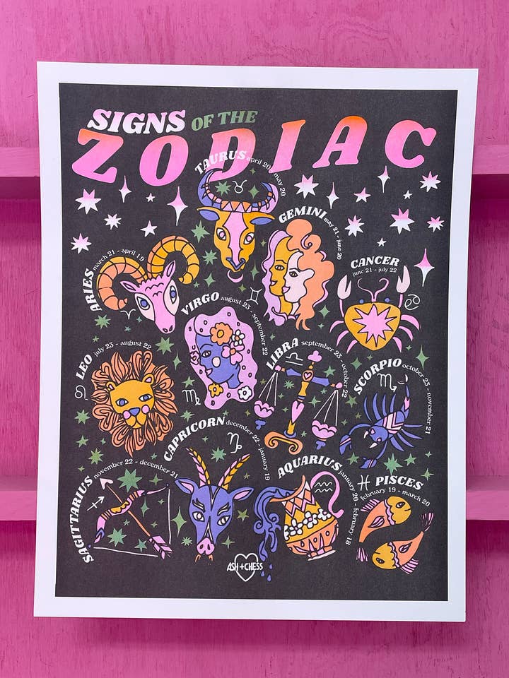 8"x10" Zodiac Signs Risograph Print for wholesale by Ash + Chess
