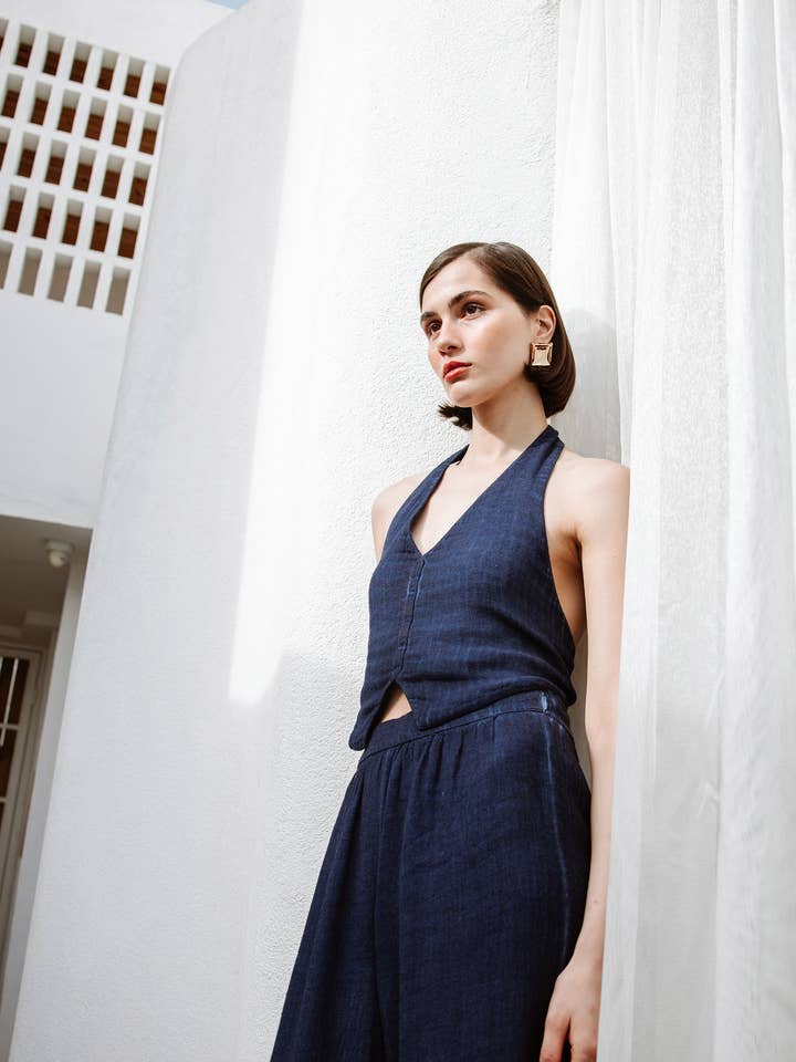 Chaleco azul marino de lino para venta al por mayor de IKIKIZ ONLINE