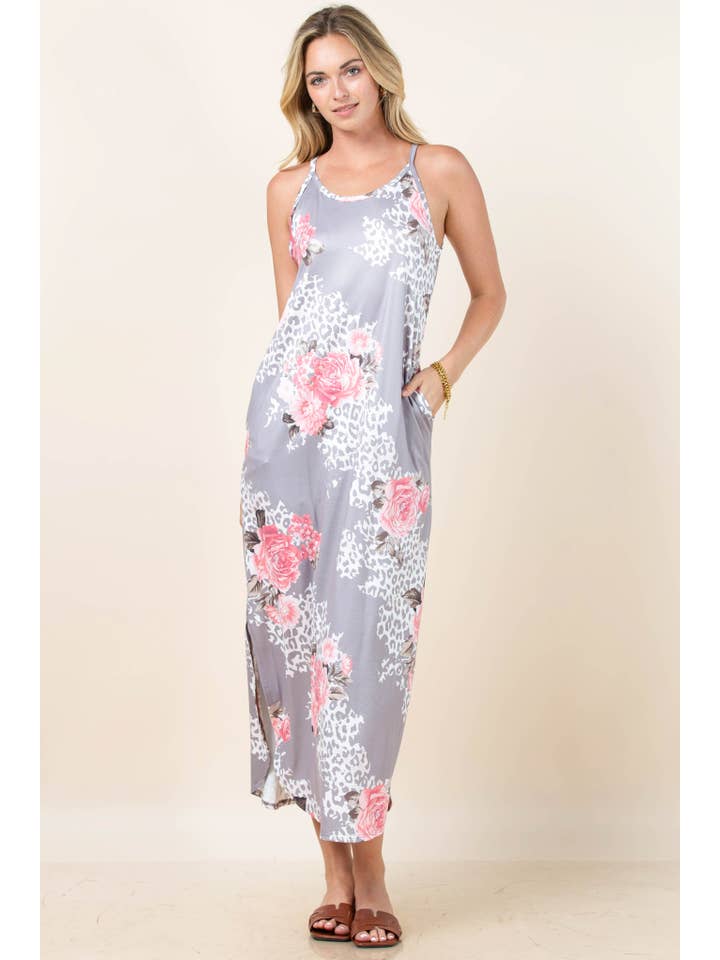 Grau/Coral AV1039-LIDIA FLORALES MAXIKLEID MIT TRÄGERN für den Großhandel auf Faire4