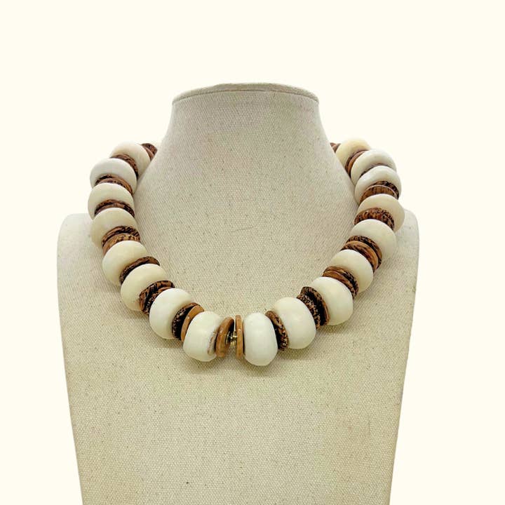 Zebra Coconut Wood and Bone Bead Necklace for wholesale by Norton and Hodges