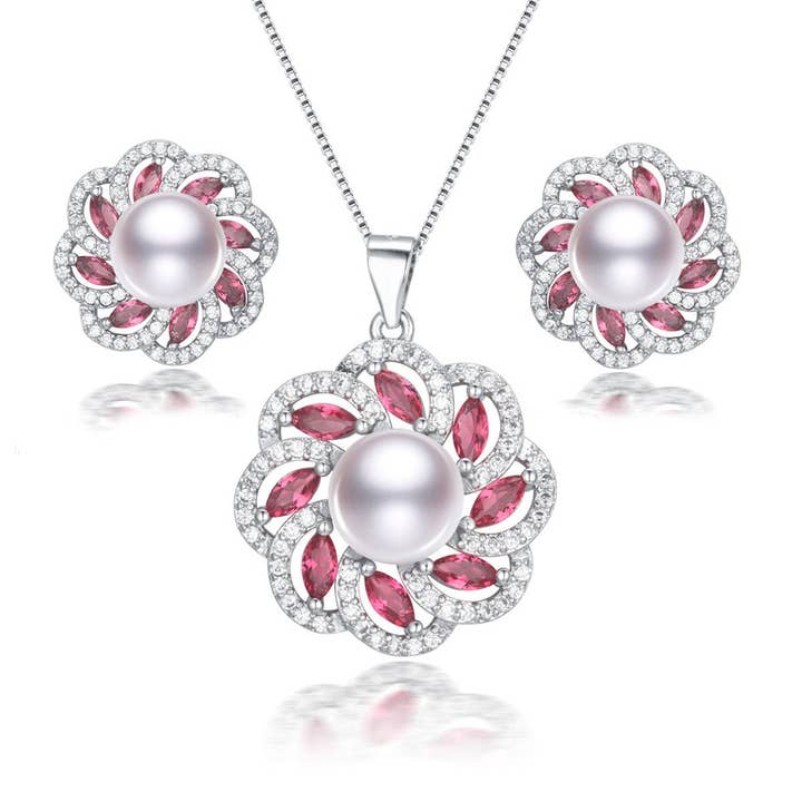 Victorian Rose Pearl Necklace Earrings Gift Set for wholesale by Timeless Pearl