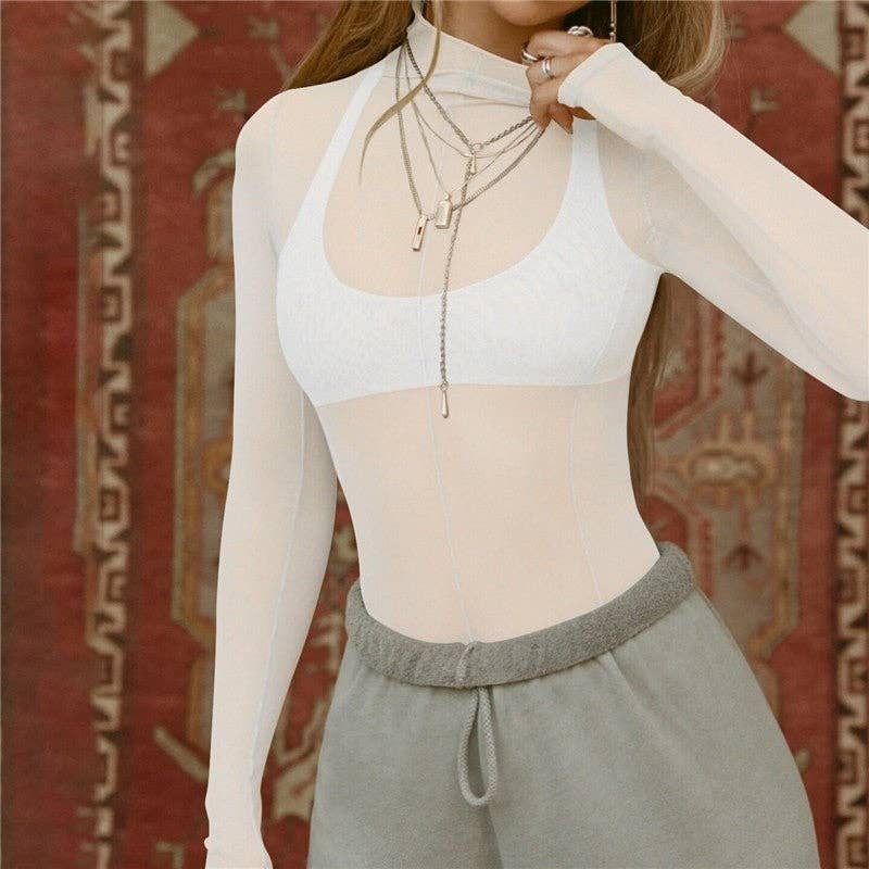 kycozy - Vendita all'ingrosso Camicetta - Donna - Maglia a maniche lunghe trasparente a rete con collo semi alto e vestibilità aderente4