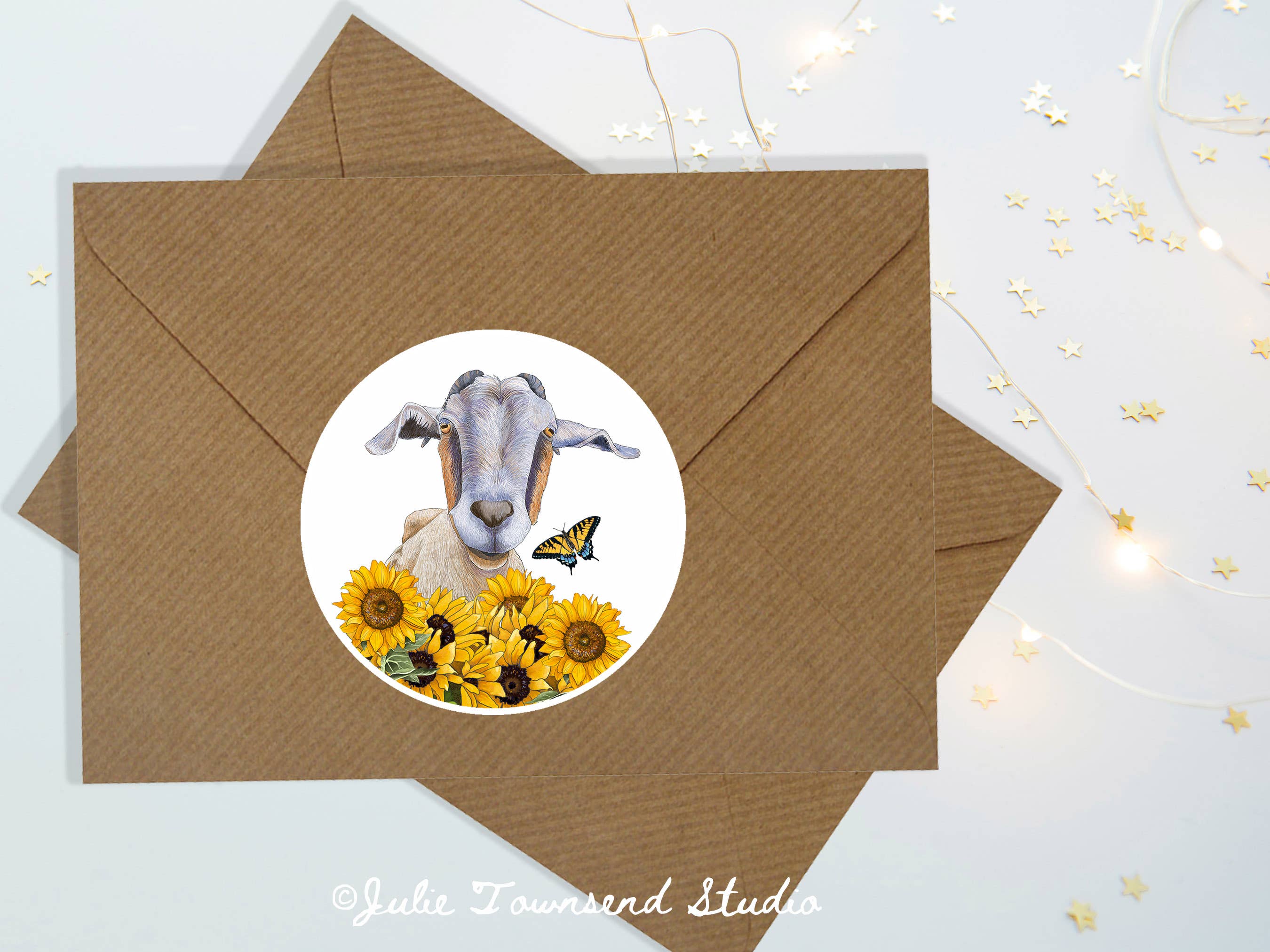 Julie Townsend Studio - Wholesale Sticker - Sticker - Goat in the Sunflowers - Waterproof Vinyl 1